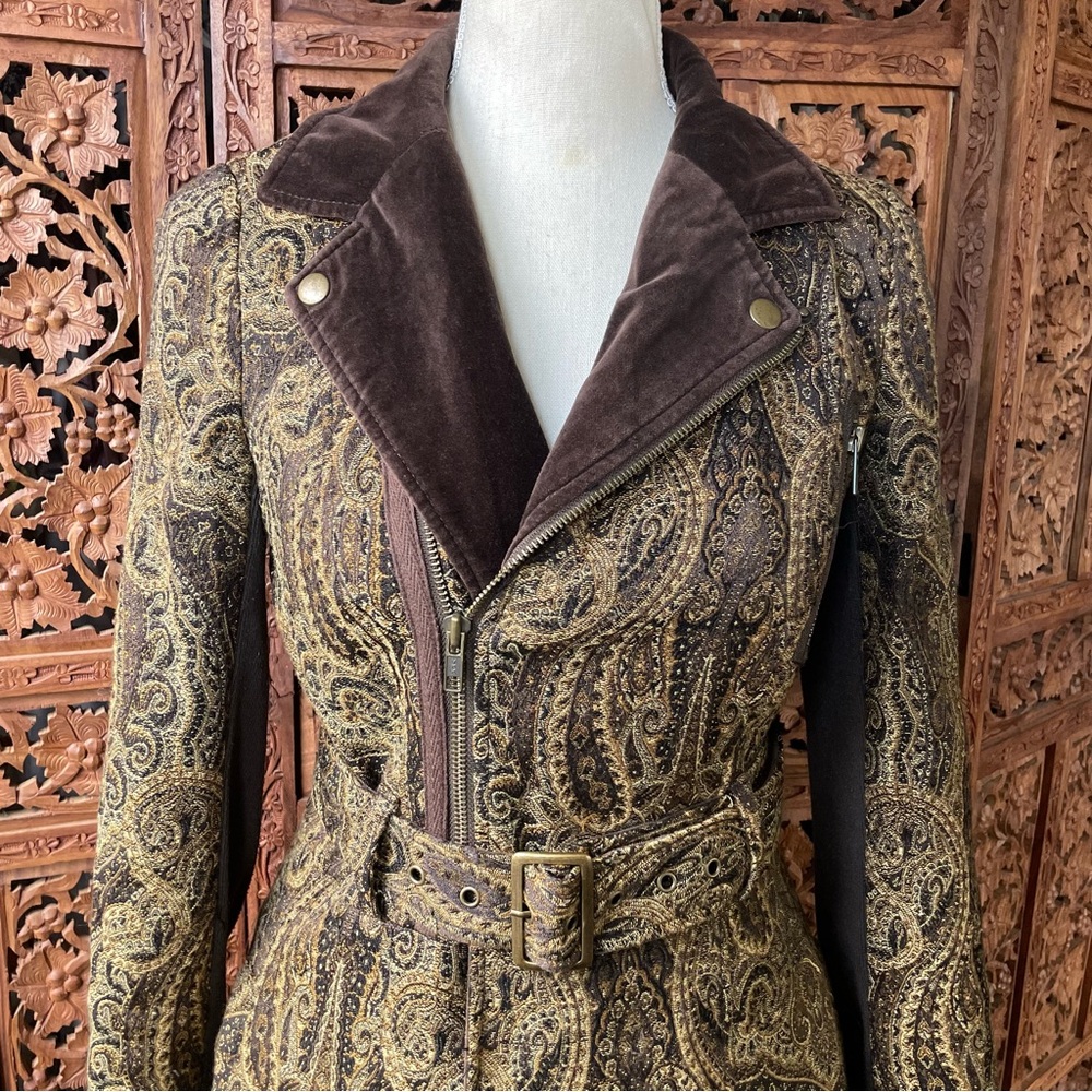 FREE PEOPLE Vintage Y2K Brown Paisley Belted Utility Trench Coat Duster Jacket - Picture 5 of 16